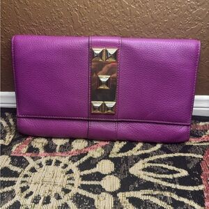 Vince Camuto Purple Leather Clutch with Gold Stud Accent